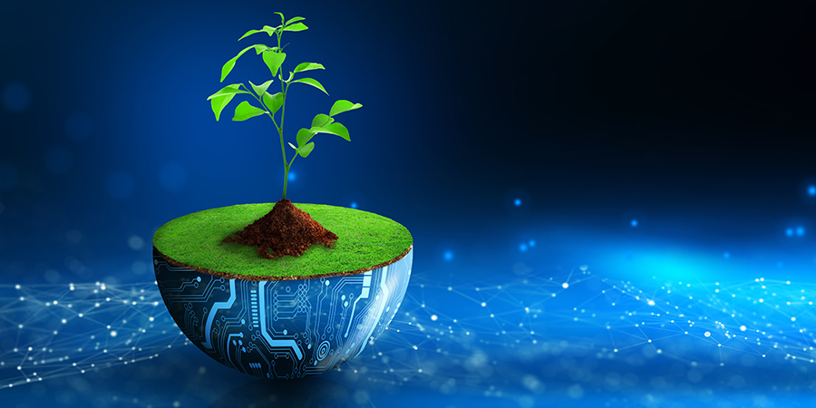 Tree growing on digital plant pot. Eco Technology and Technology Convergence. Green Computing, Green Technology, Green IT, csr, and IT ethics Concept.